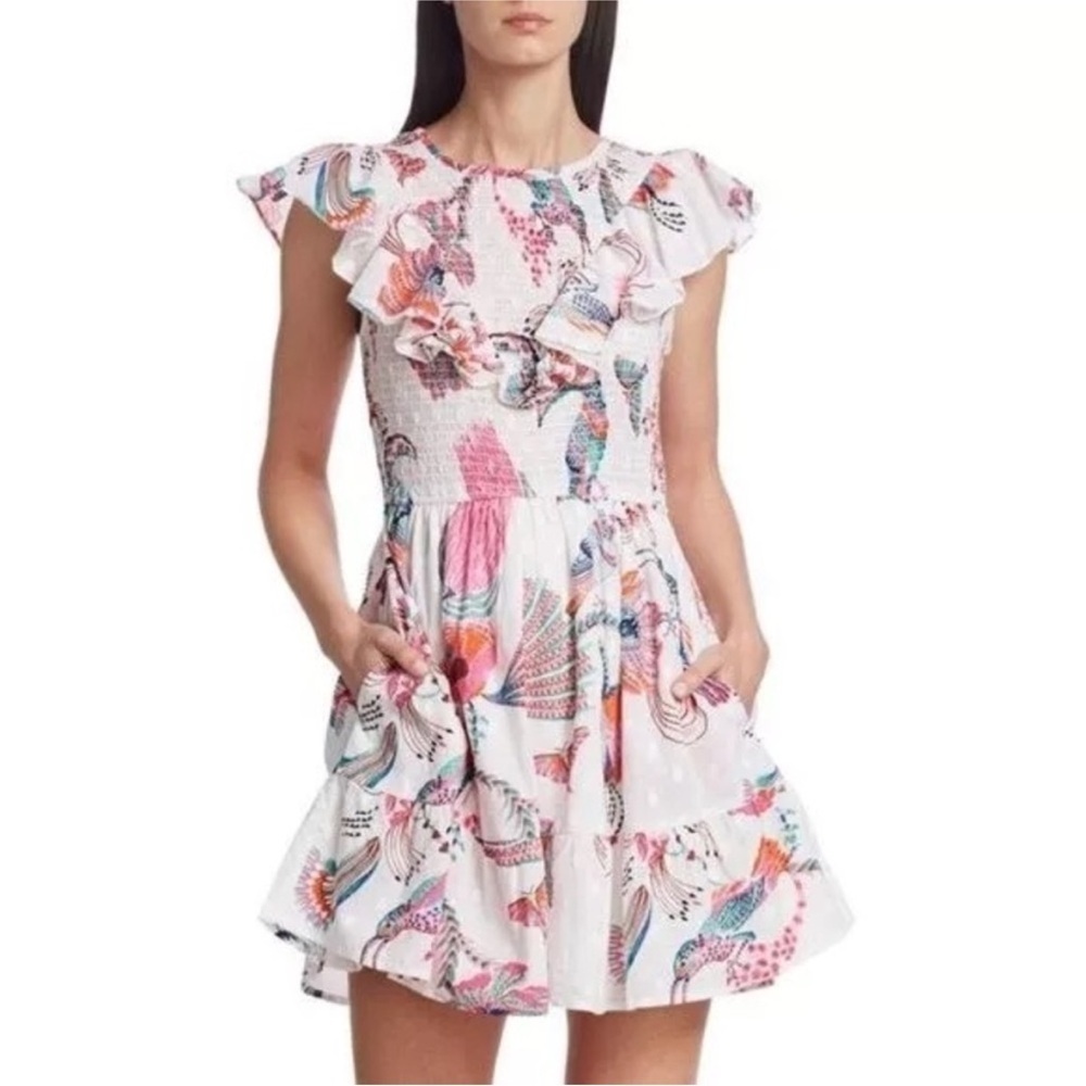 Banjanan Smocked Dress M Floral Bird Print Resortwear Tropical Beach Fit & Flare